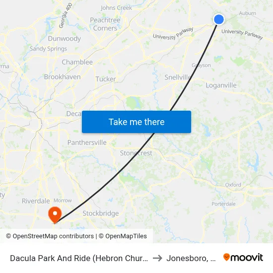 Dacula Park And Ride (Hebron Church) to Jonesboro, GA map