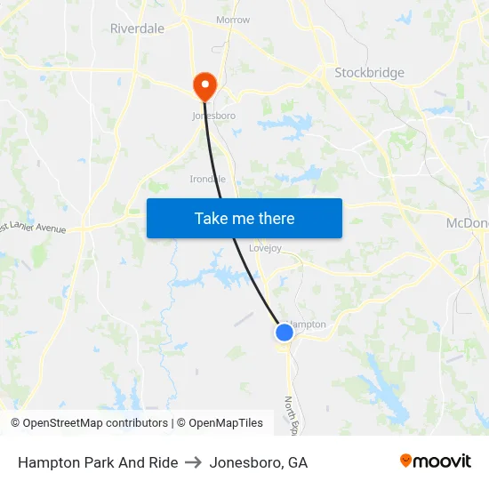 Hampton Park And Ride to Jonesboro, GA map
