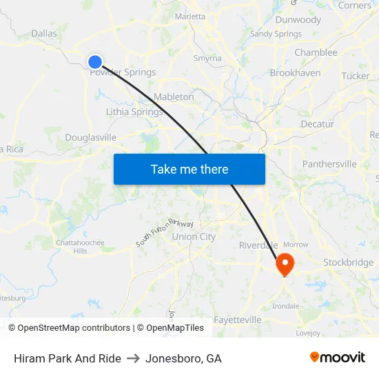 Hiram Park And Ride to Jonesboro, GA map