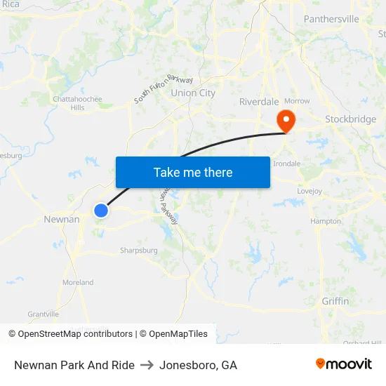 Newnan Park And Ride to Jonesboro, GA map