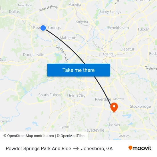 Powder Springs Park And Ride to Jonesboro, GA map
