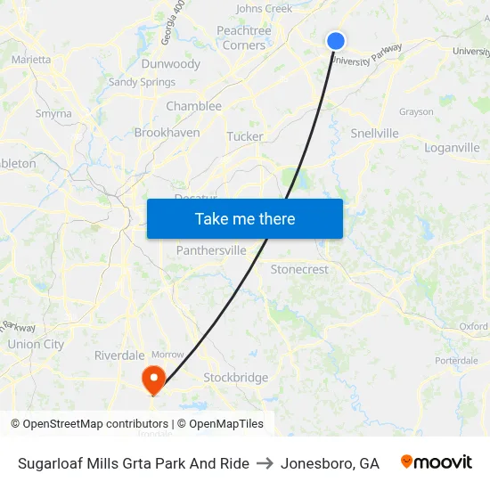 Sugarloaf Mills Grta Park And Ride to Jonesboro, GA map