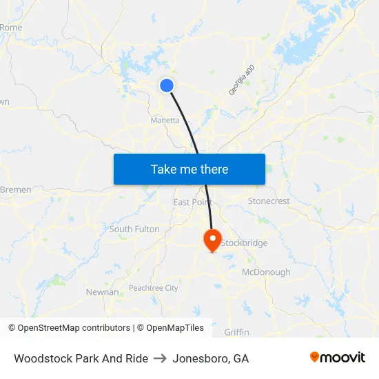 Woodstock Park And Ride to Jonesboro, GA map