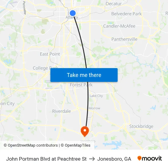 John Portman Blvd at Peachtree St to Jonesboro, GA map