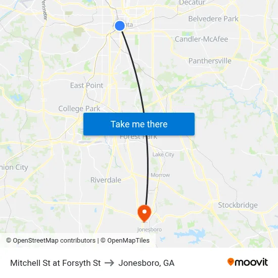 Mitchell St at Forsyth St to Jonesboro, GA map