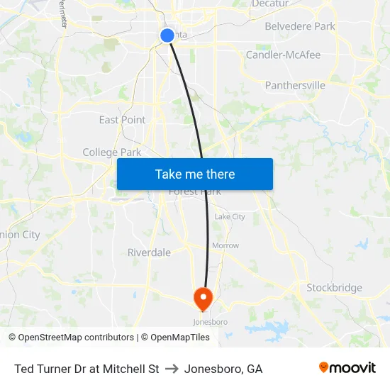 Ted Turner Dr at Mitchell St to Jonesboro, GA map