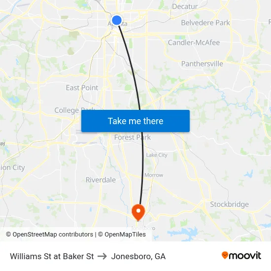 Williams St at Baker St to Jonesboro, GA map