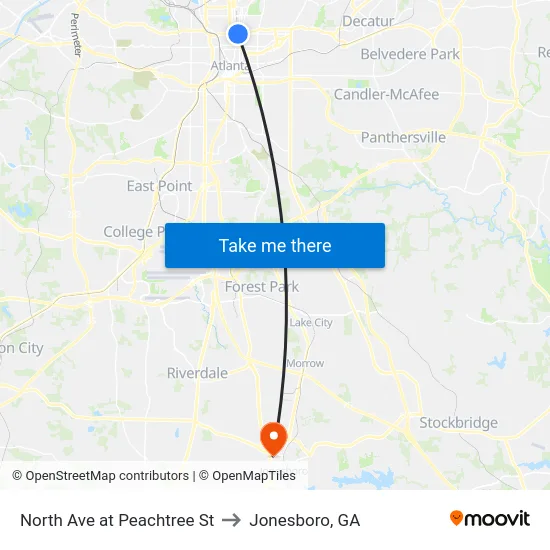North Ave at Peachtree St to Jonesboro, GA map