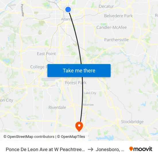 Ponce De Leon Ave at W Peachtree St to Jonesboro, GA map