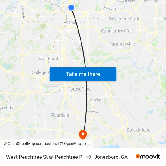 West Peachtree St at Peachtree Pl to Jonesboro, GA map