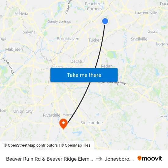Beaver Ruin Rd & Beaver Ridge Elementary to Jonesboro, GA map