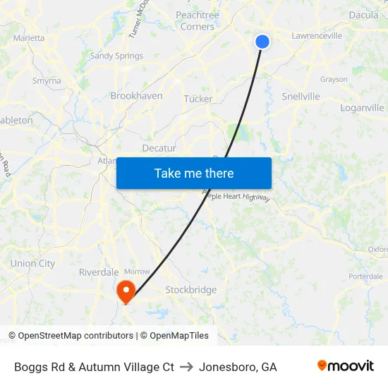 Boggs Rd & Autumn Village Ct to Jonesboro, GA map