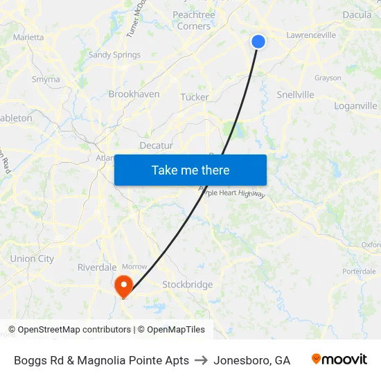 Boggs Rd & Magnolia Pointe Apts to Jonesboro, GA map