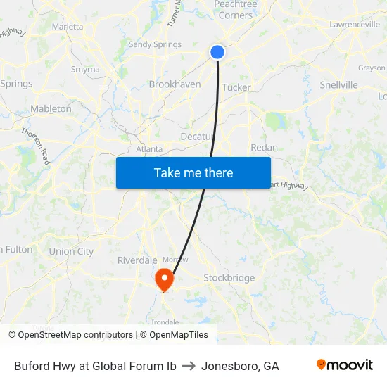 Buford Hwy at Global Forum Ib to Jonesboro, GA map