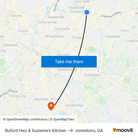 Buford Hwy & Suzanne's Kitchen to Jonesboro, GA map