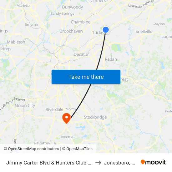 Jimmy Carter Blvd & Hunters Club Ln to Jonesboro, GA map