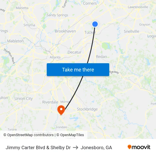 Jimmy Carter Blvd & Shelby Dr to Jonesboro, GA map