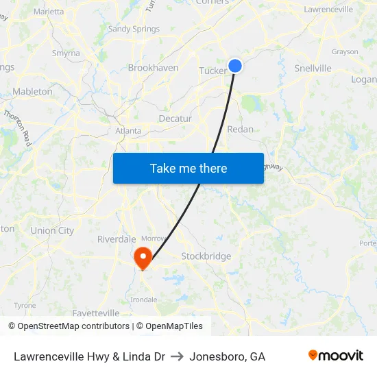 Lawrenceville Hwy & Linda Dr to Jonesboro, GA map