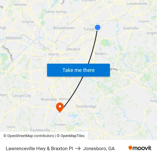Lawrenceville Hwy & Braxton Pl to Jonesboro, GA map