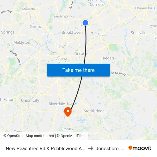 New Peachtree Rd & Pebblewood Apts to Jonesboro, GA map