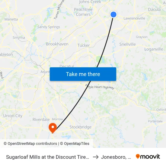 Sugarloaf Mills at the Discount Tire Co to Jonesboro, GA map