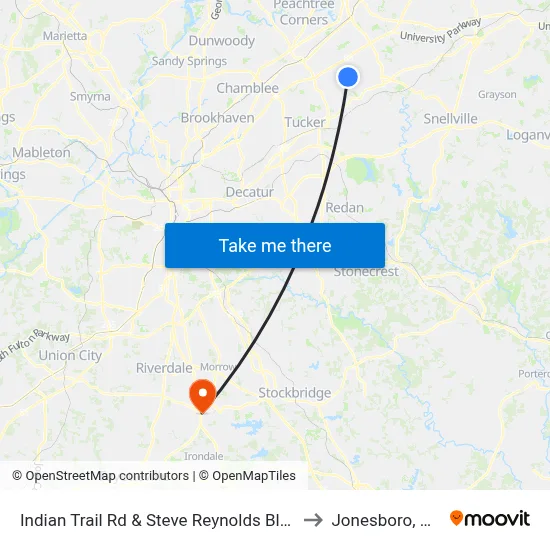 Indian Trail Rd & Steve Reynolds Blvd to Jonesboro, GA map