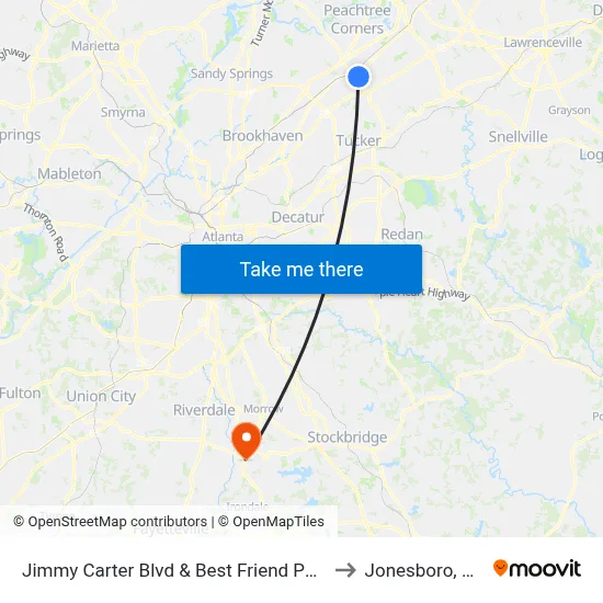 Jimmy Carter Blvd & Best Friend Park to Jonesboro, GA map