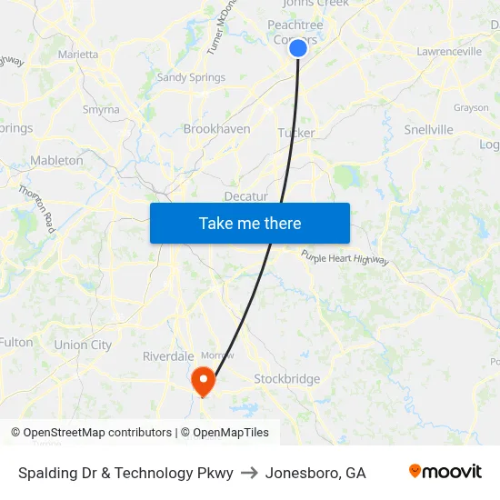 Spalding Dr & Technology Pkwy to Jonesboro, GA map