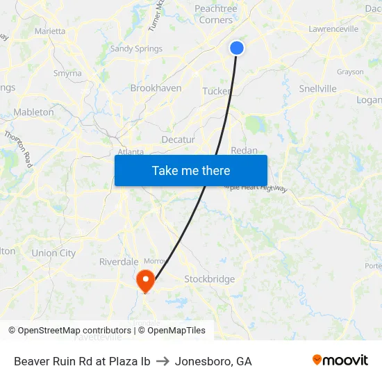 Beaver Ruin Rd at Plaza Ib to Jonesboro, GA map