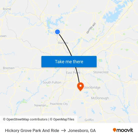 Hickory Grove Park And Ride to Jonesboro, GA map