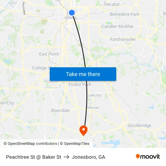 Peachtree St @ Baker St to Jonesboro, GA map