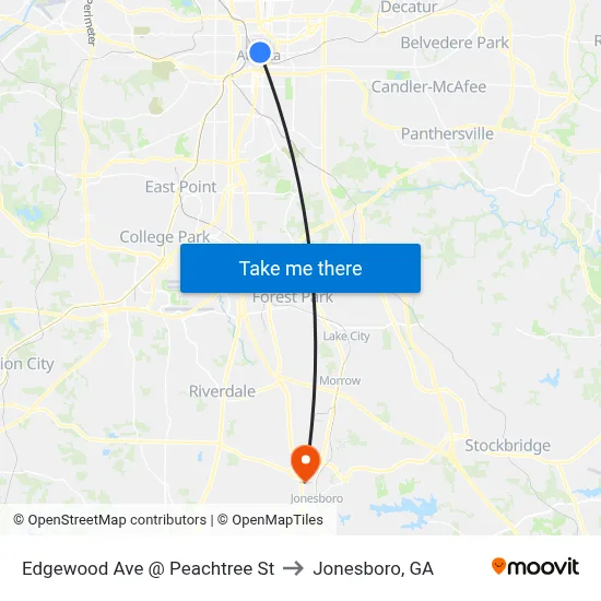 Edgewood Ave @ Peachtree St to Jonesboro, GA map