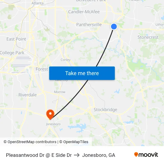 Pleasantwood Dr @ E Side Dr to Jonesboro, GA map
