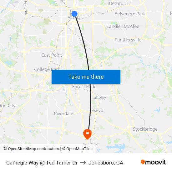 Carnegie Way @ Ted Turner Dr to Jonesboro, GA map