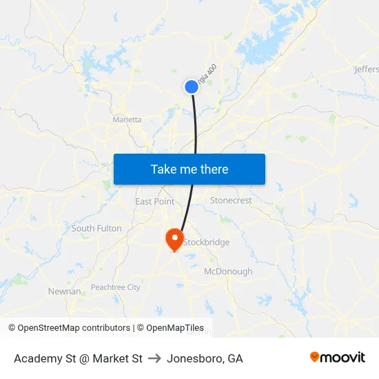 Academy St @ Market St to Jonesboro, GA map