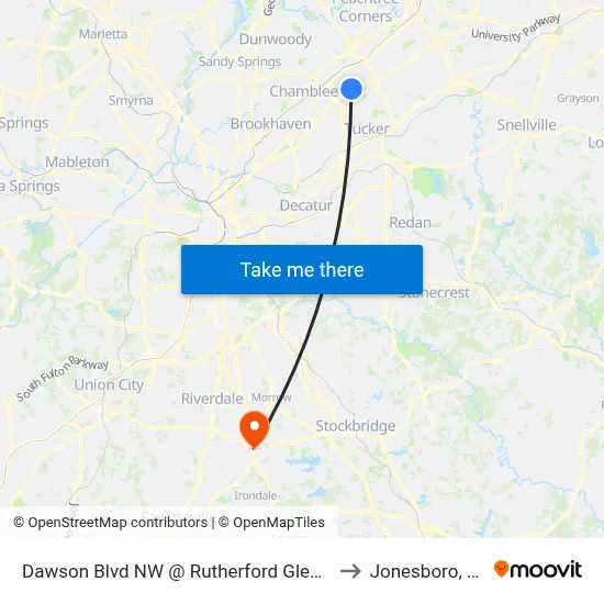 Dawson Blvd NW @ Rutherford Glen Cir to Jonesboro, GA map