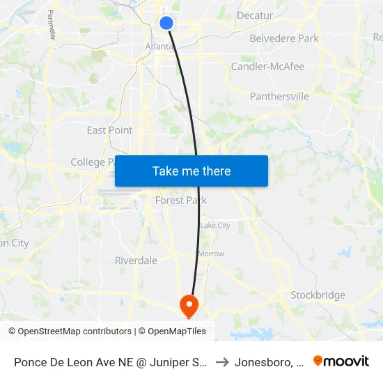 Ponce De Leon Ave NE @ Juniper St NE to Jonesboro, GA map