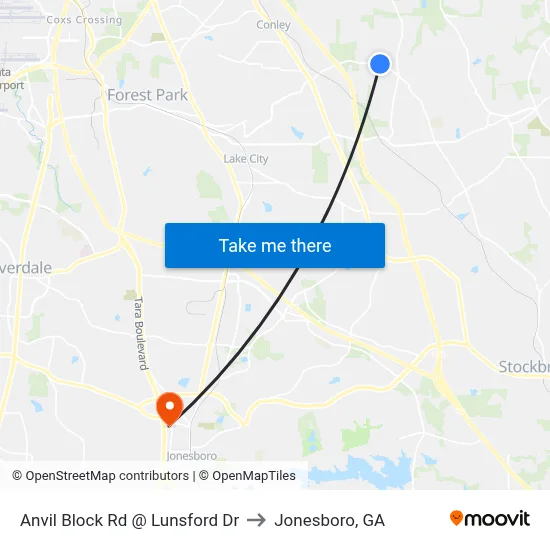 Anvil Block Rd @ Lunsford Dr to Jonesboro, GA map