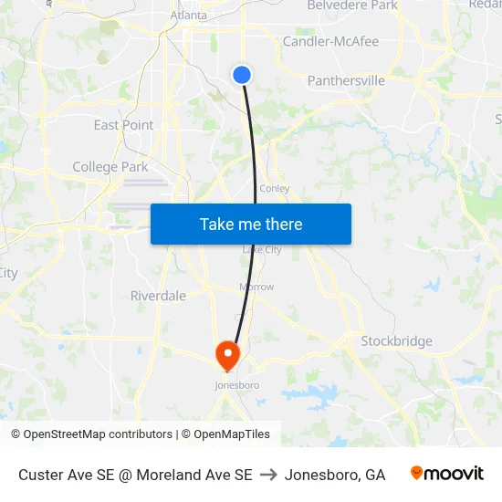 Custer Ave SE @ Moreland Ave SE to Jonesboro, GA map
