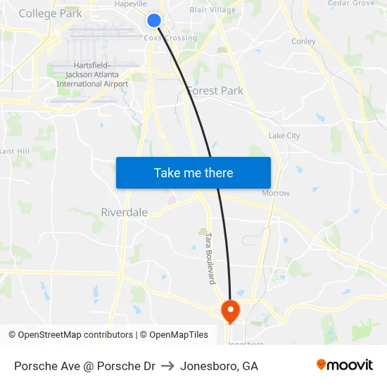 Porsche Ave @ Porsche Dr to Jonesboro, GA map