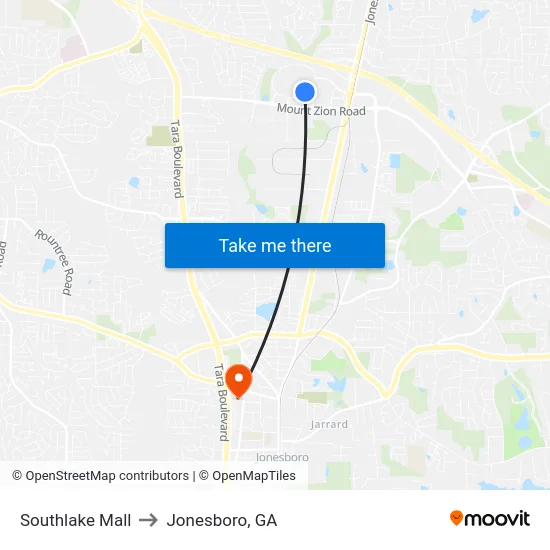 Southlake Mall to Jonesboro, GA map