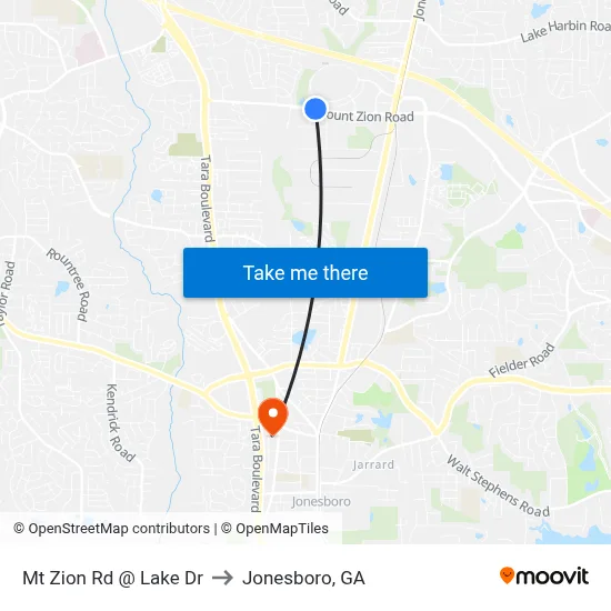 Mt Zion Rd @ Lake Dr to Jonesboro, GA map