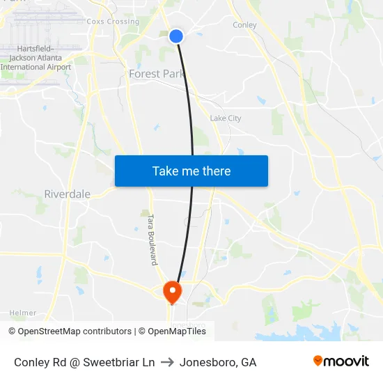 Conley Rd @ Sweetbriar Ln to Jonesboro, GA map