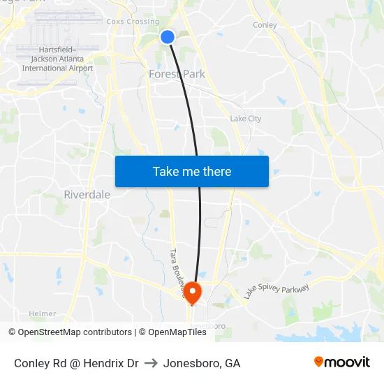 Conley Rd @ Hendrix Dr to Jonesboro, GA map