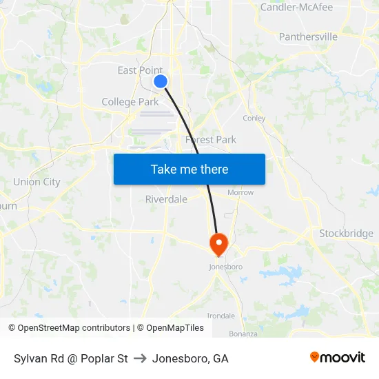 Sylvan Rd @ Poplar St to Jonesboro, GA map