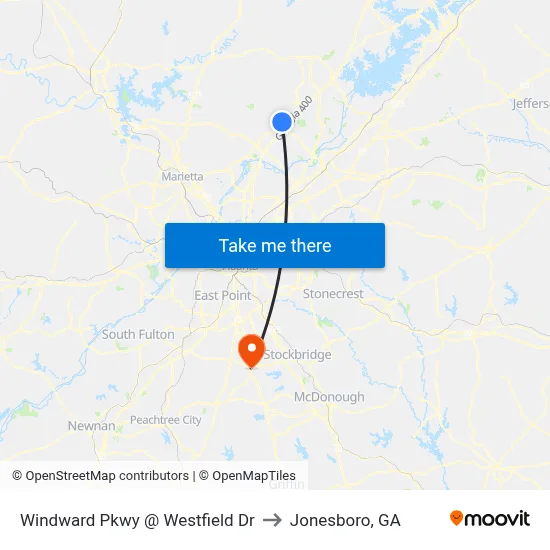 Windward Pkwy @ Westfield Dr to Jonesboro, GA map