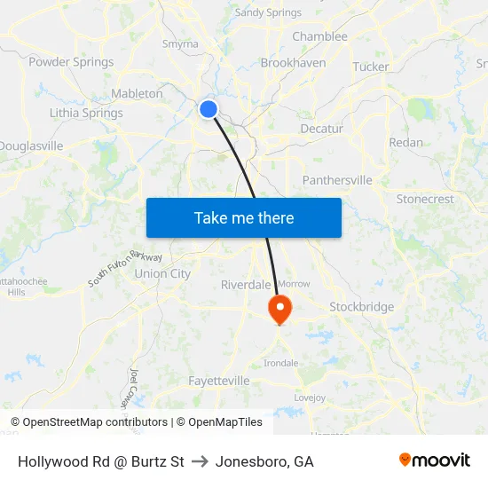 Hollywood Rd @ Burtz St to Jonesboro, GA map