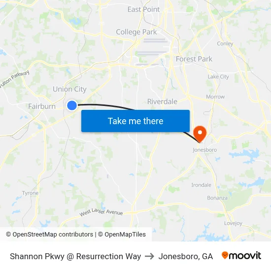 Shannon Pkwy @ Resurrection Way to Jonesboro, GA map