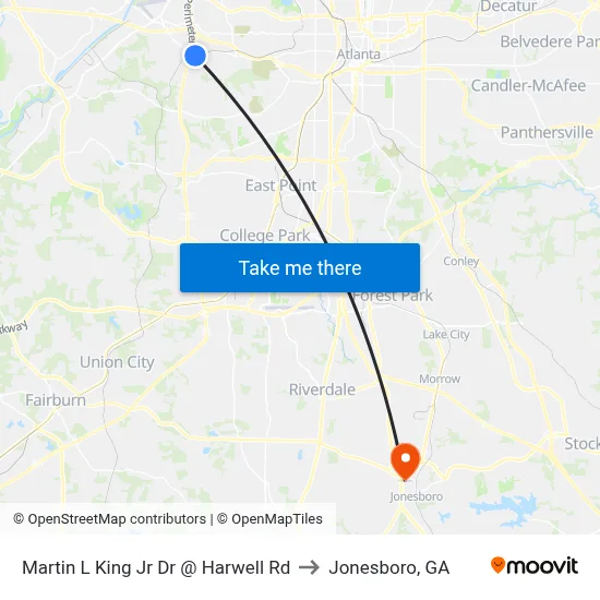 Martin L King Jr Dr @ Harwell Rd to Jonesboro, GA map