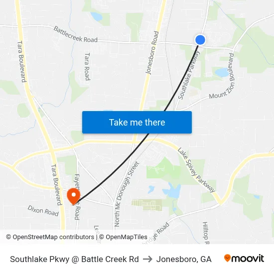 Southlake Pkwy @ Battle Creek Rd to Jonesboro, GA map